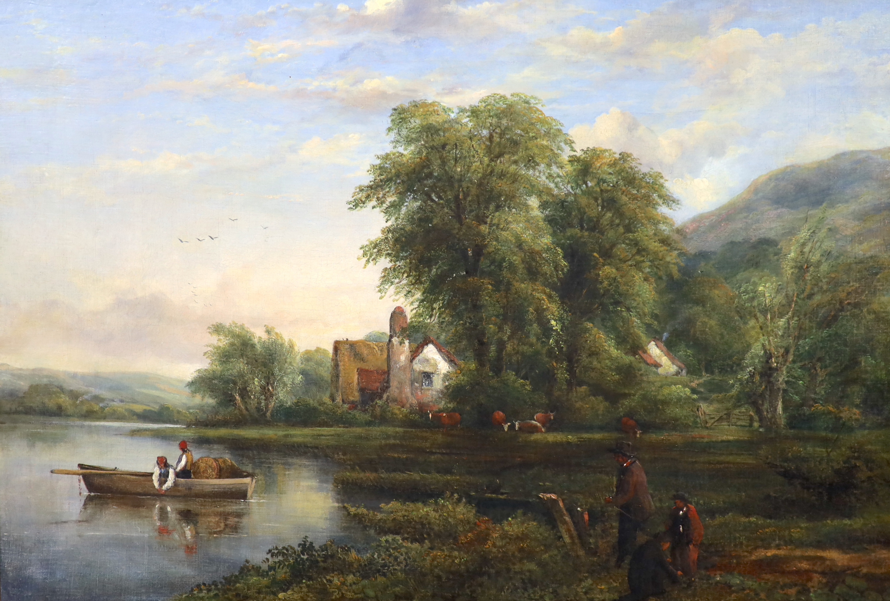 Frederick William Watts (English, 1800-1870), oil on canvas, River landscape with fishermen in a boat, onlookers on the bank and cattle beyond, 50 x 73cm